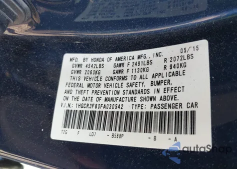 2015 Honda Accord Ex-L V-6 from USA, damaged, VIN 1HGCR3F80FA030542